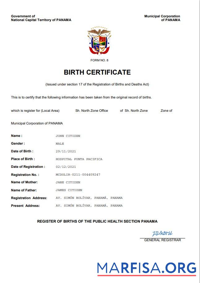 Blank Panama birth certificate Word and PDF template